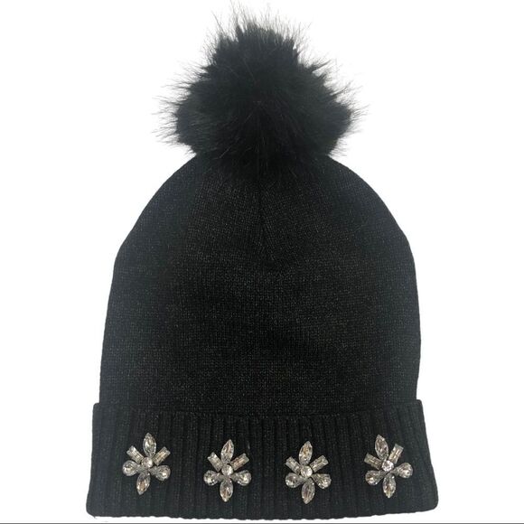 Mixit Beanie Hat with Faux Fur PomPom & Crystal Snowflakes Black One Size - Picture 1 of 3